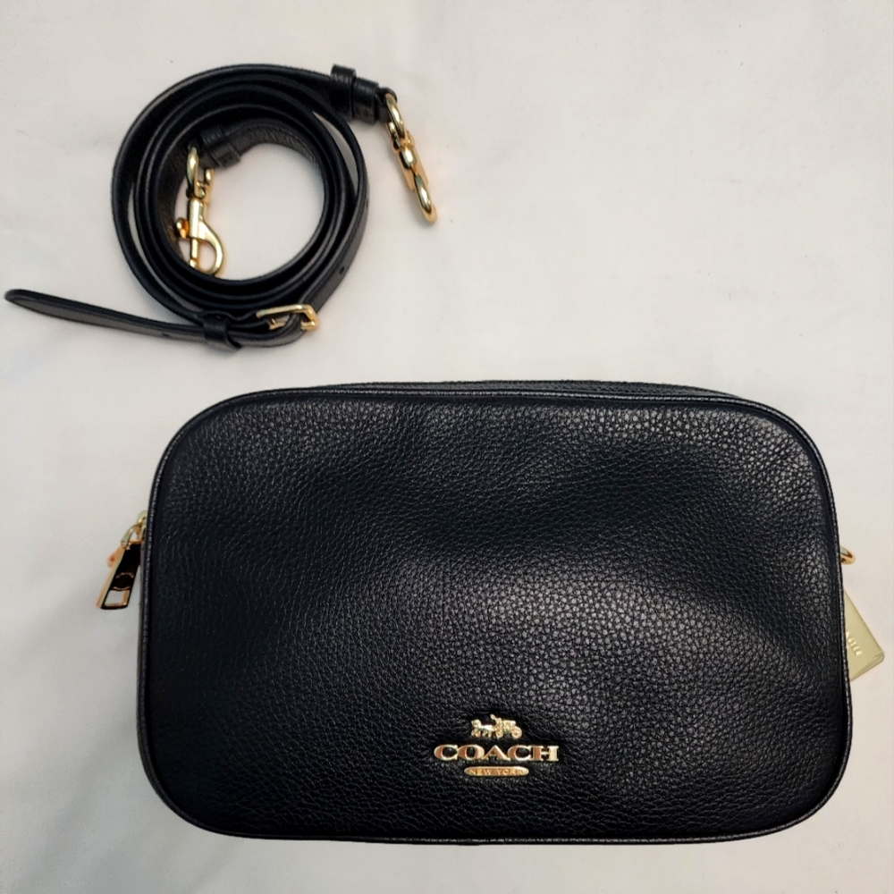 Coach Jes Pebble Leather Crossbody Bag Double Zip Black with Gold Hardware